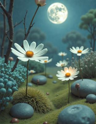 The primary subject of the image is a field of white flowers, including daisies, with a blue background. The flowers are scattered throughout the field, creating a beautiful and serene scene. The visual style of the image is a combination of photo and digital art, giving it a realistic yet artistic appearance. The colors in the image are predominantly white and blue, creating a calm and peaceful atmosphere.